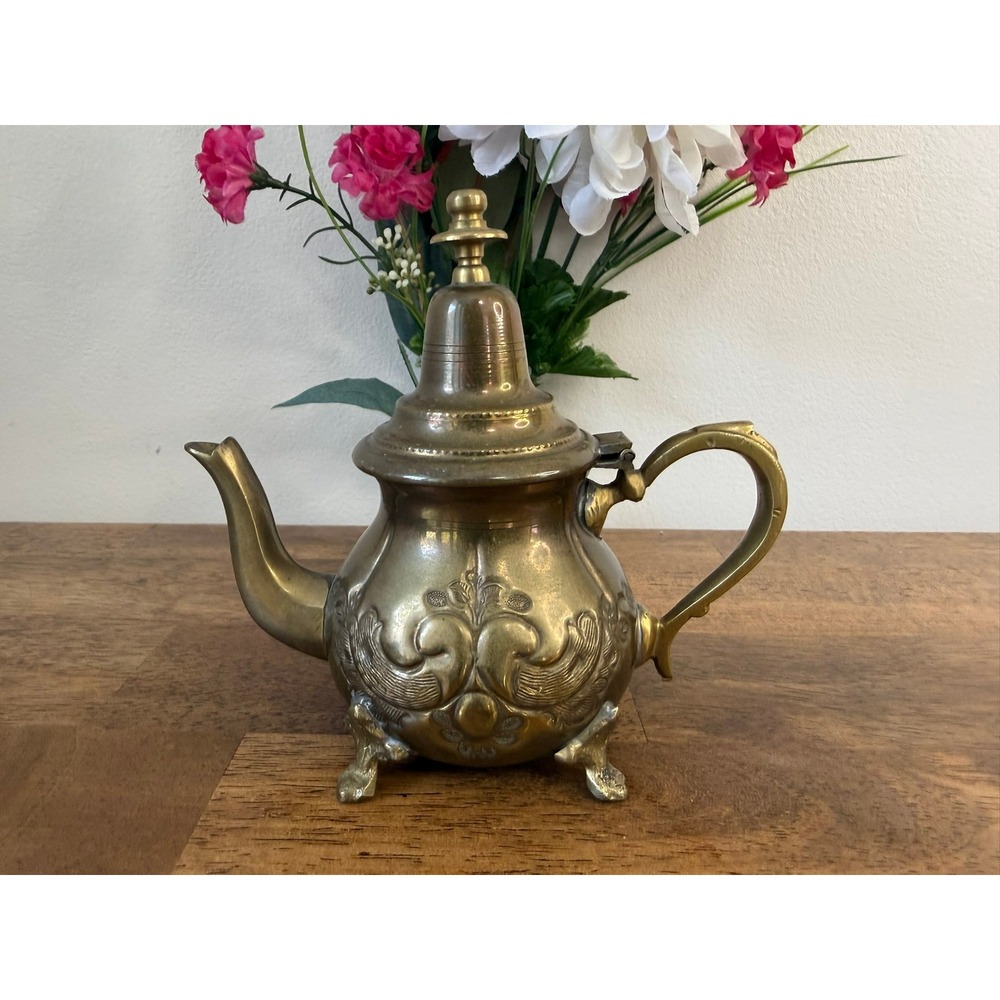 Vintage Brass Teapot Ornate Embossed Floral Scroll Footed Hinged Lid